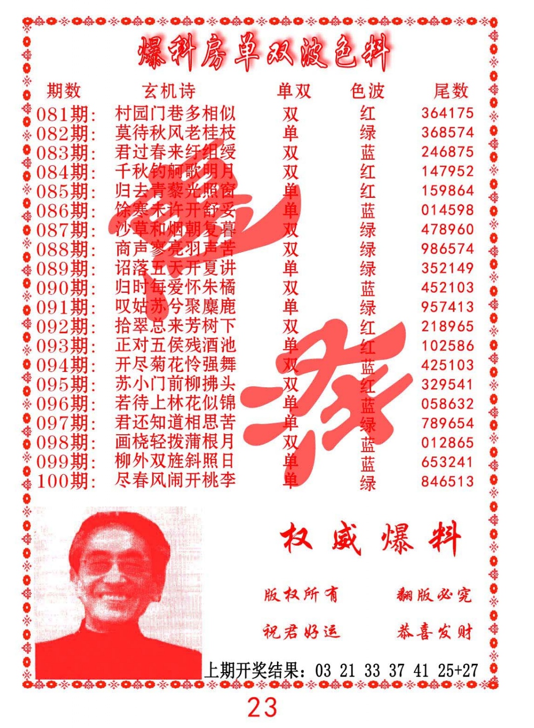 083期爆料房单双波色料[图]